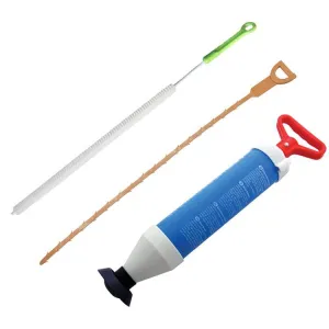 3PC DRAIN PIPE SINK UNBLOCKING TOOL SET - SUCTION PLUNGER   FLEXIBLE BRUSHES