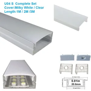 5/10/25/50 Pack Silver U04 10x23mm U-Shape Internal Width 20mm LED Aluminum Channel System with Cover, End Caps and Mounting Clips Aluminum Extrusion for LED Strip Light Installations