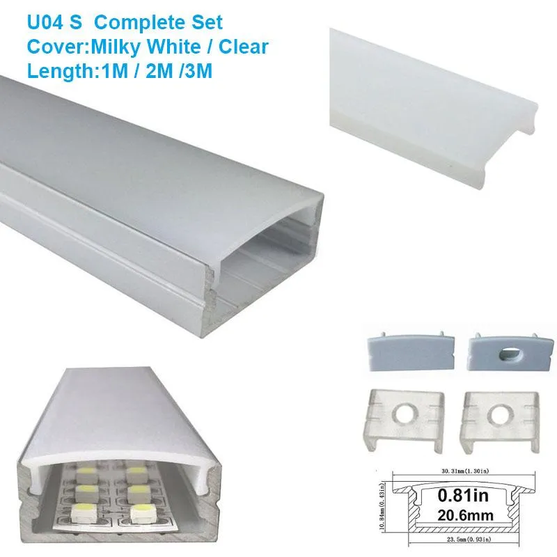 5/10/25/50 Pack Silver U04 10x23mm U-Shape Internal Width 20mm LED Aluminum Channel System with Cover, End Caps and Mounting Clips Aluminum Extrusion for LED Strip Light Installations