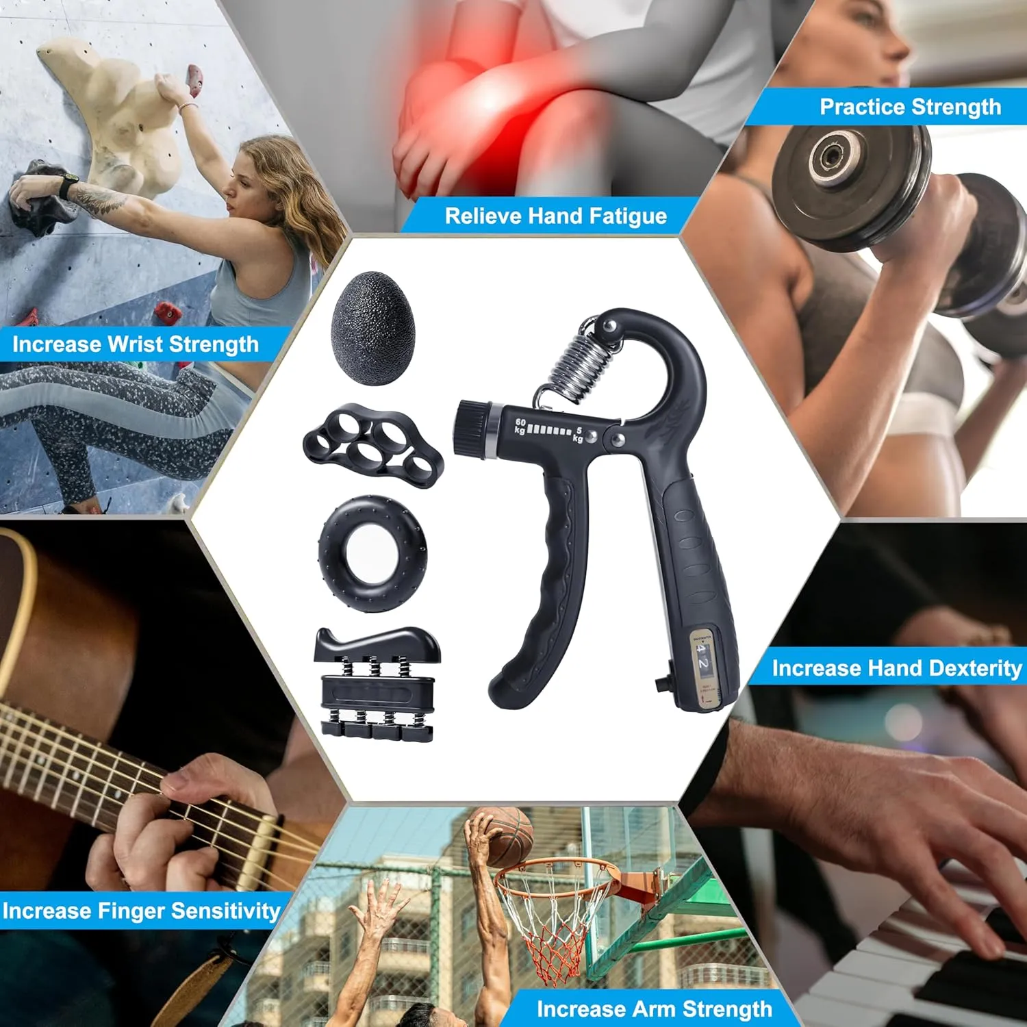 ALYV Strength Training Kit With Grip Strengthener Counting,Forearm Strengthener,Finger Exerciser,Stress Relief Ball And Forearm Exercise Ring,Hand Exercisers Grip Strength Trainer 5PCS Adjustable Resistance