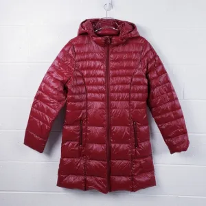 Bernardo Slimming Down Long Hooded Puffer Jacket Packable Red Size Medium