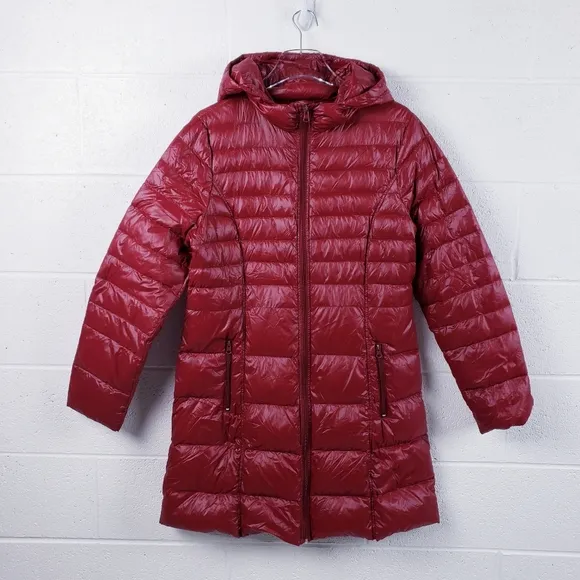 Bernardo Slimming Down Long Hooded Puffer Jacket Packable Red Size Medium