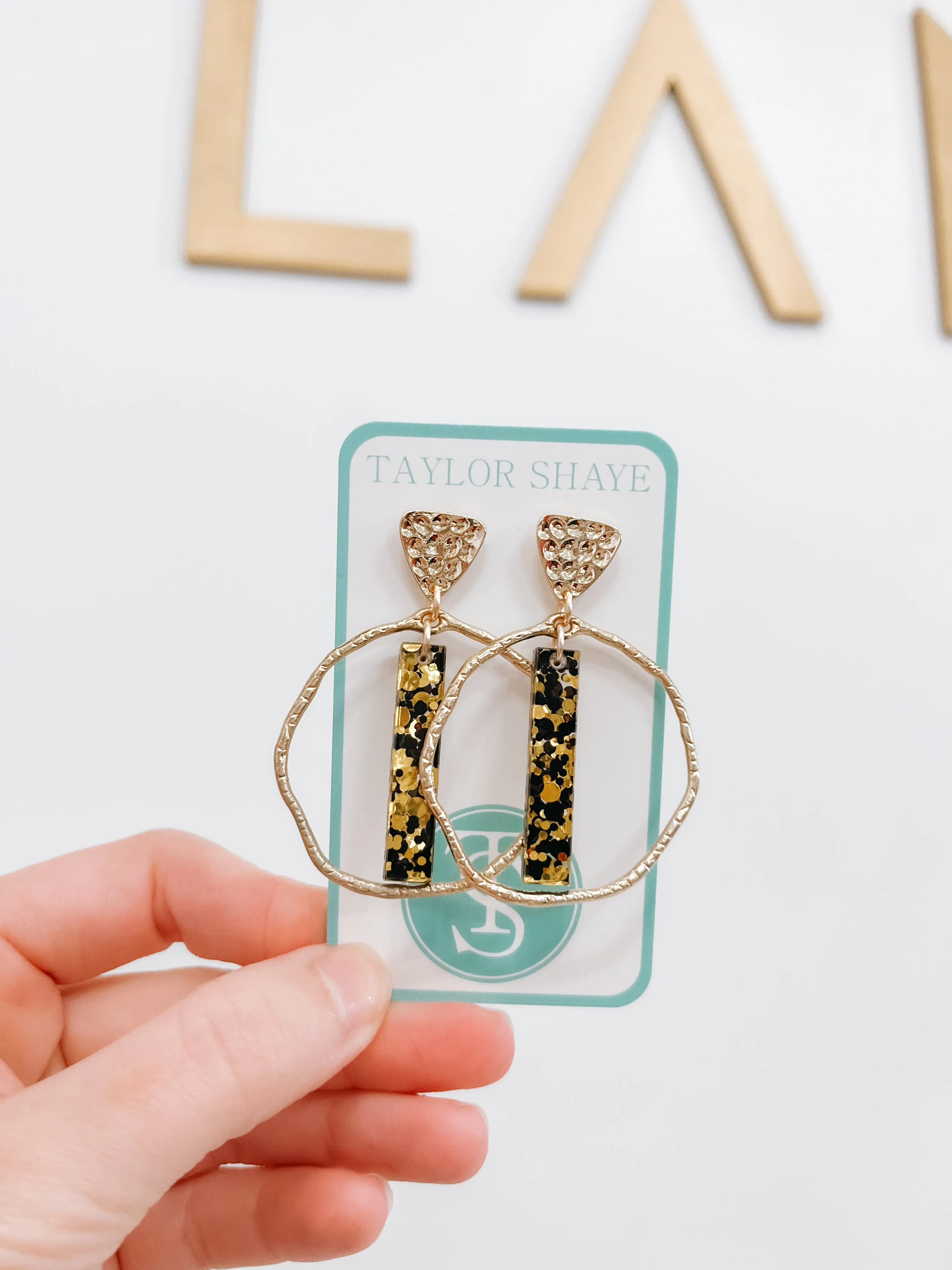 Black and Gold Confetti Hoop Earrings