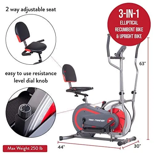 BODY POWER 2nd Generation, 3-in-1 Home Gym, Upright Compact Exercise Bike, Elliptical Machine & Recumbent Bike, Trio Trainer with Heartrate Monitor, Safety Brake Pad. BRT5088