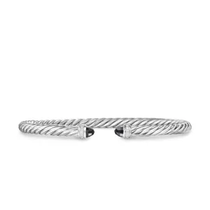Cablespira Flex Bracelet in Sterling Silver with Black Onyx and Diamonds, 4mm, Size Medium