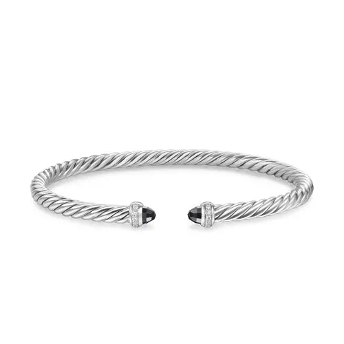 Cablespira Flex Bracelet in Sterling Silver with Black Onyx and Diamonds, 4mm, Size Medium