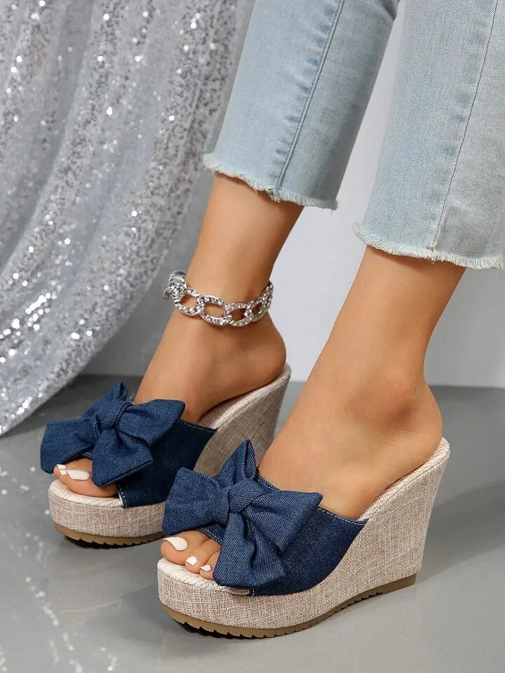 CM-SHS491091 Women Trendy Seoul Style Bow Decor Espadrille Wedge Slide Sandals
