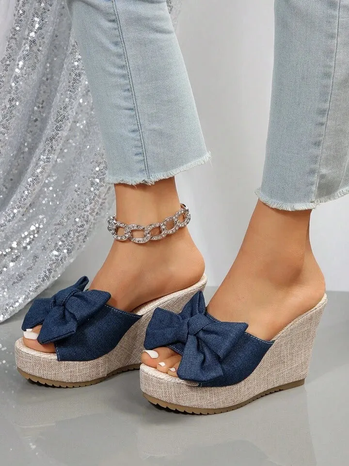 CM-SHS491091 Women Trendy Seoul Style Bow Decor Espadrille Wedge Slide Sandals
