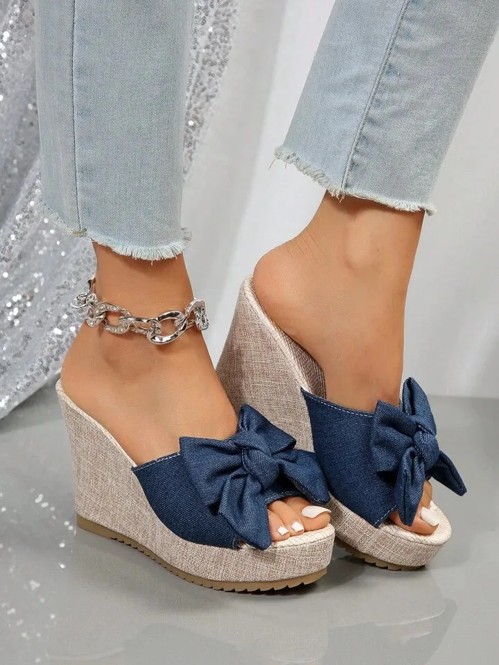 CM-SHS491091 Women Trendy Seoul Style Bow Decor Espadrille Wedge Slide Sandals