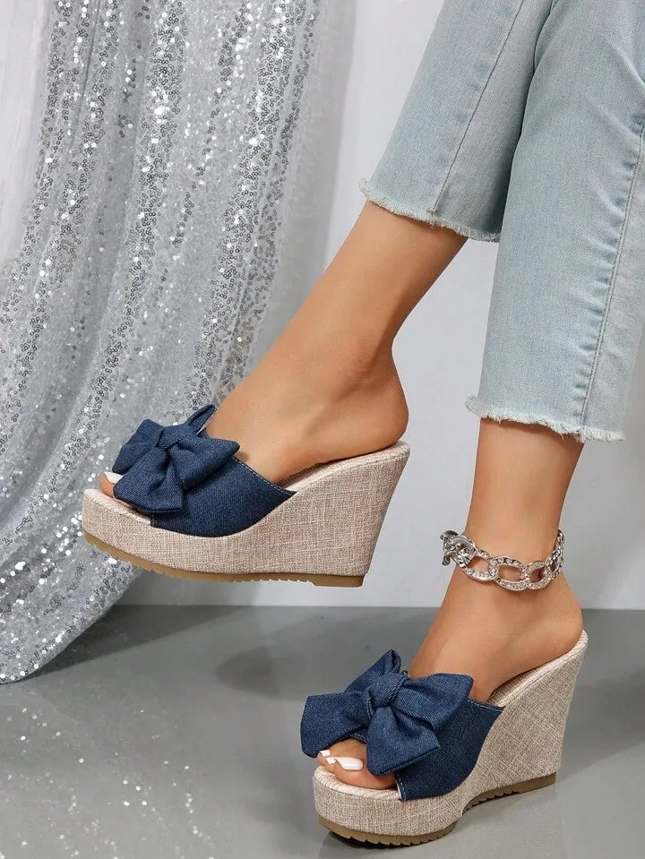 CM-SHS491091 Women Trendy Seoul Style Bow Decor Espadrille Wedge Slide Sandals