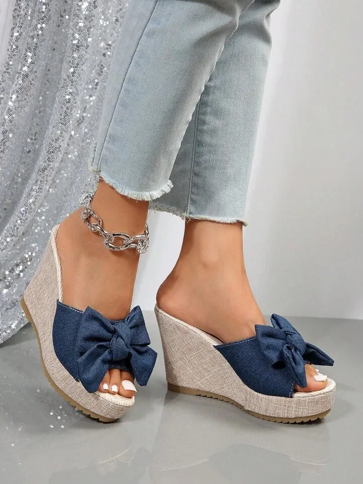 CM-SHS491091 Women Trendy Seoul Style Bow Decor Espadrille Wedge Slide Sandals