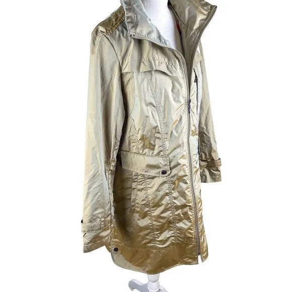 Cole Haan Womens Packable Hidden Hood Iridescent Trench Raincoat Jacket Womens L