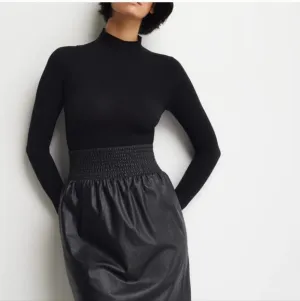 Commando Black Faux Leather Smocked Waist Mini Skirt Sz S Stretchy Pencil