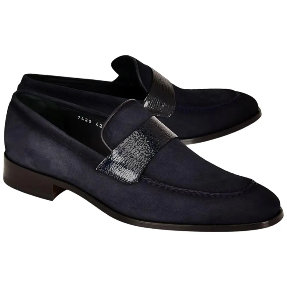 Corrente Men’s Navy Suede with Vita Leather Vamp Almond Toe Loafer