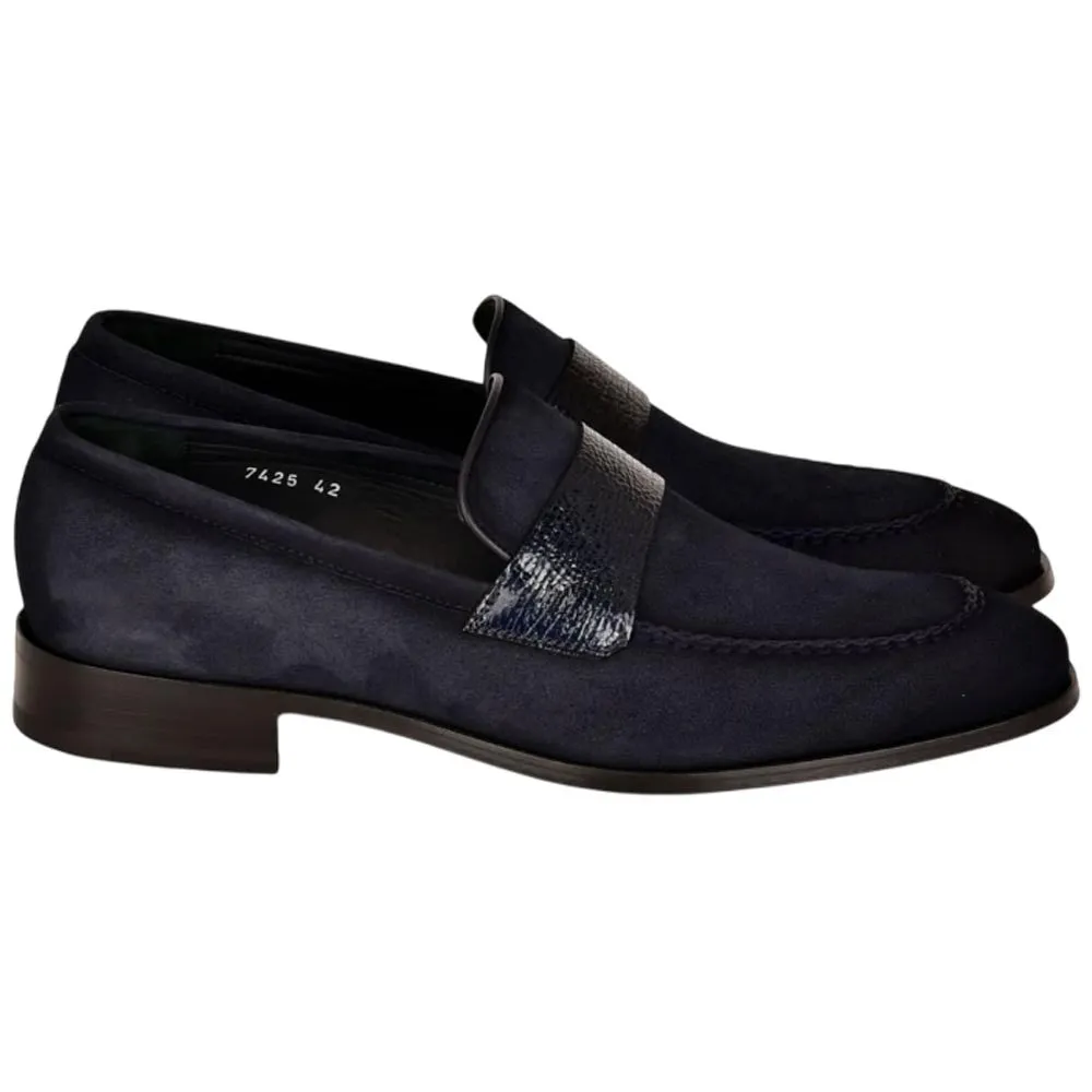 Corrente Men’s Navy Suede with Vita Leather Vamp Almond Toe Loafer