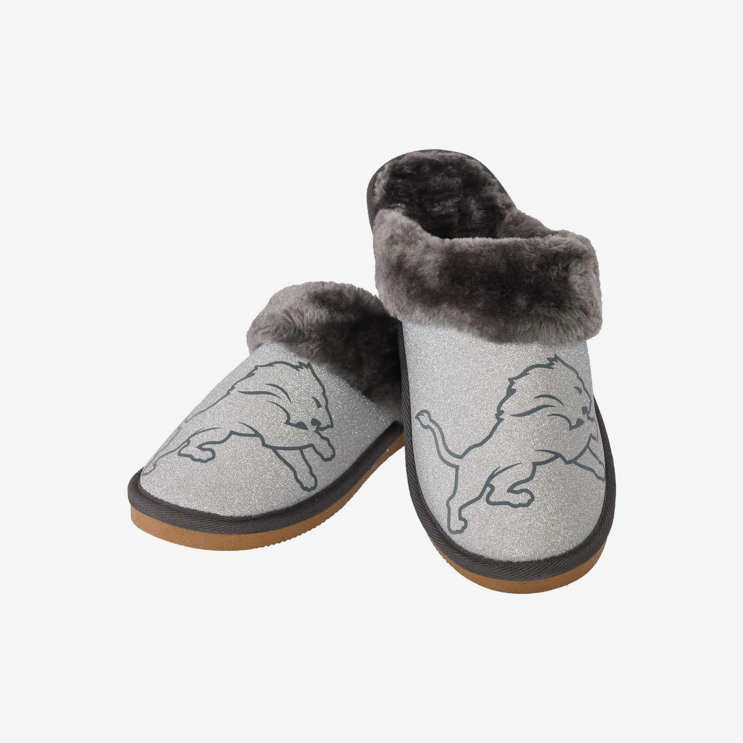 Detroit Lions Womens Glitter Open Back Fur Moccasin Slipper