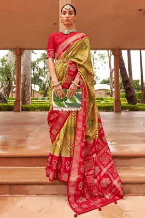 Dijon Yellow & Red Pure Silk Patola Saree Zari Weaving With Blouse