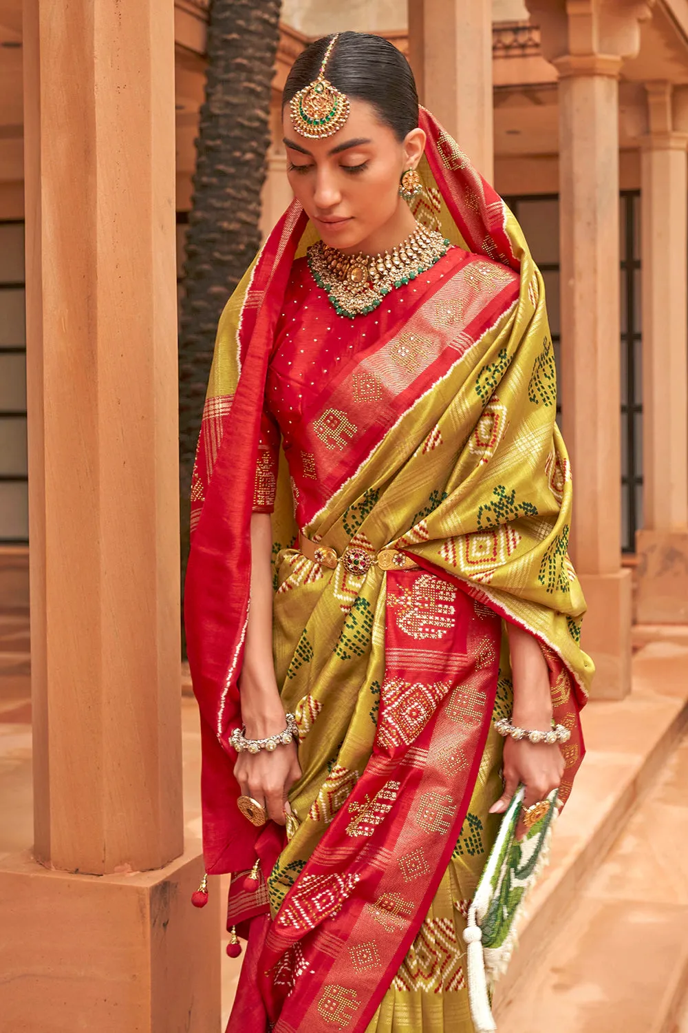 Dijon Yellow & Red Pure Silk Patola Saree Zari Weaving With Blouse