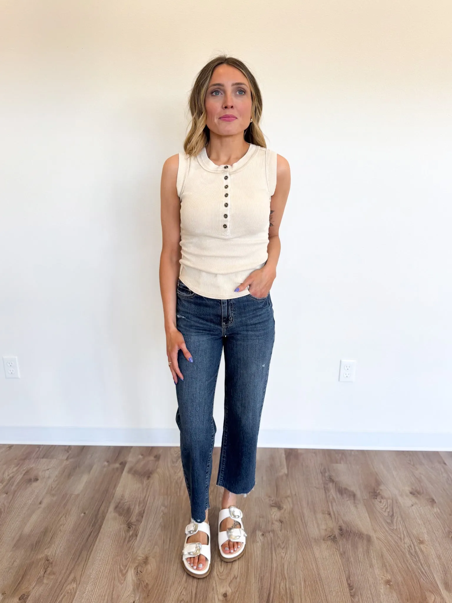 Fiona Henley Knit Tank Top in Khaki