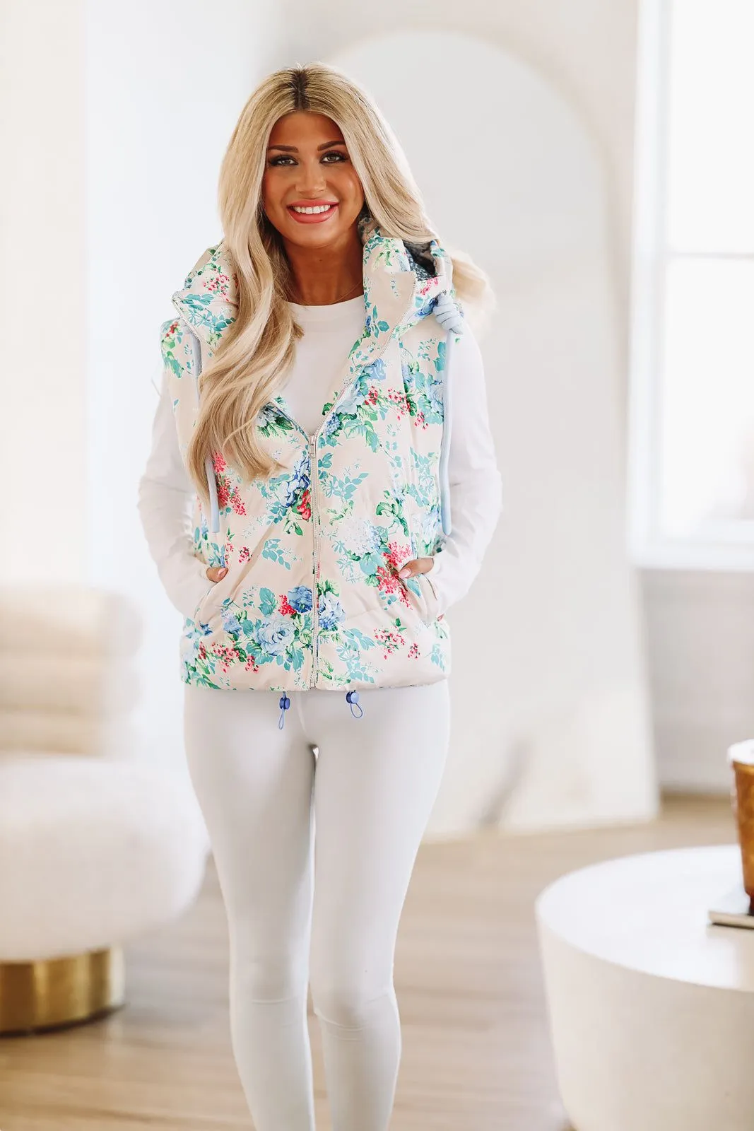 Floral Puffer Vest - White and Blue