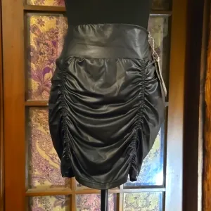 Freakles - Black Leather Mini-Skirt. Ruched Front and Back with Tapper from hip