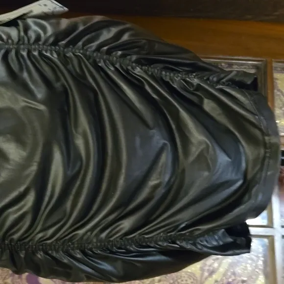 Freakles - Black Leather Mini-Skirt. Ruched Front and Back with Tapper from hip