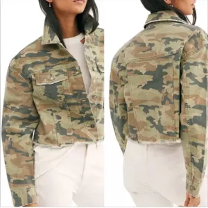 Free People Oversized Cropped Camouflage Denim Jacket Size Medium