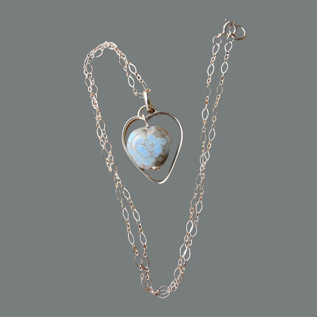 Handcrafted Sterling Silver Heart Pendant Necklace – Lampwork Ceramic Heart Trinket, Sleek Style