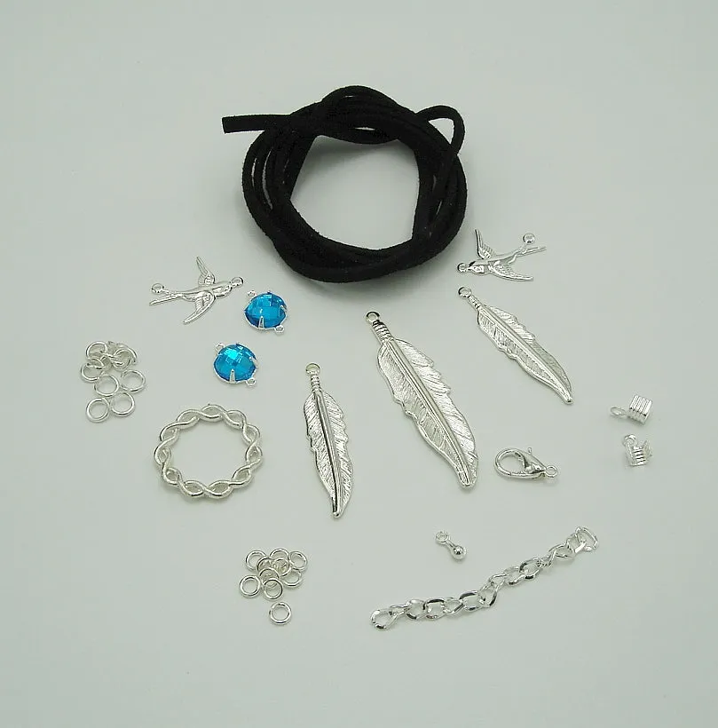 Jewelry Kit Choker with Silver Feathers and Birds