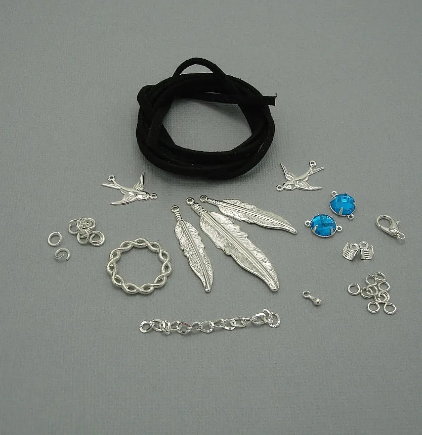 Jewelry Kit Choker with Silver Feathers and Birds