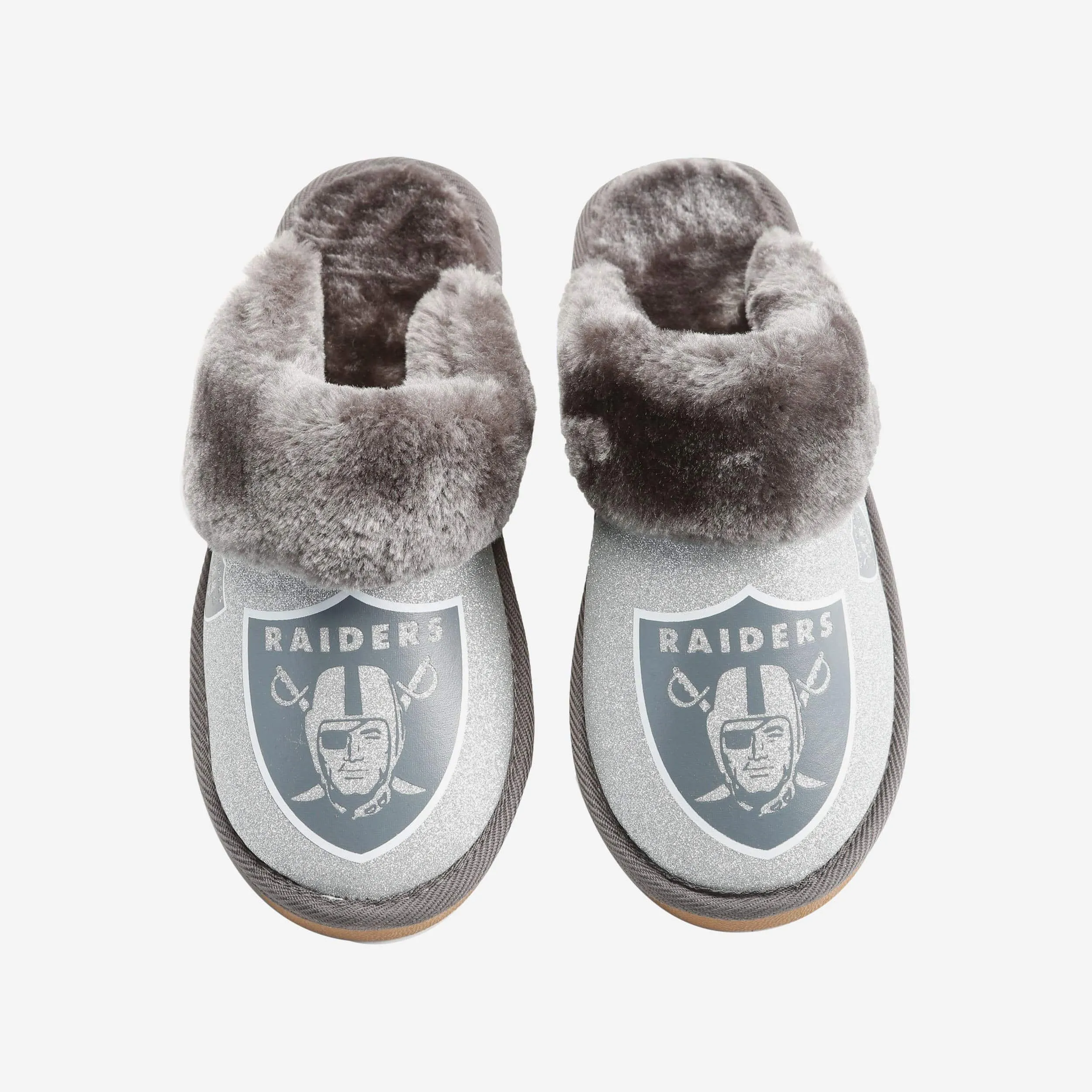 Las Vegas Raiders Womens Glitter Open Back Fur Moccasin Slipper