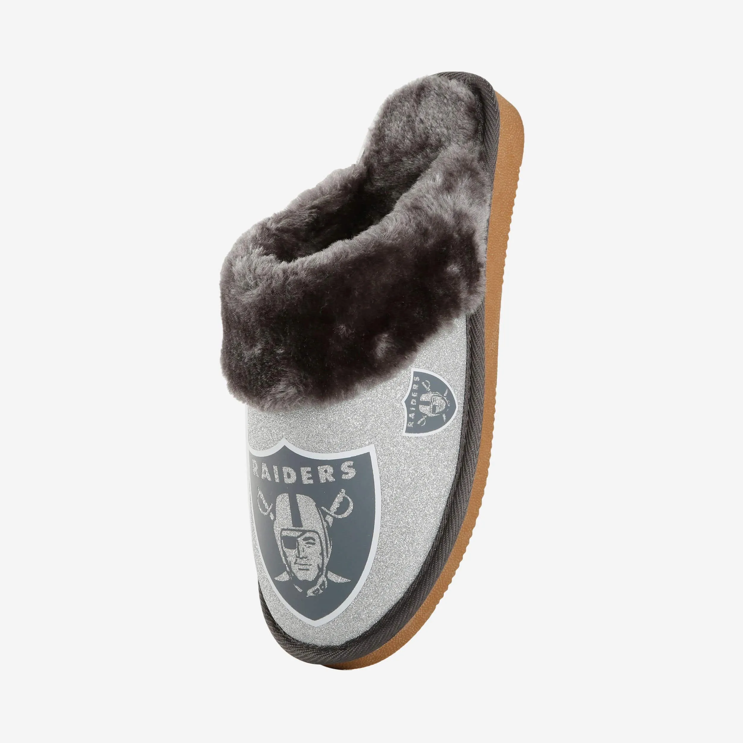 Las Vegas Raiders Womens Glitter Open Back Fur Moccasin Slipper