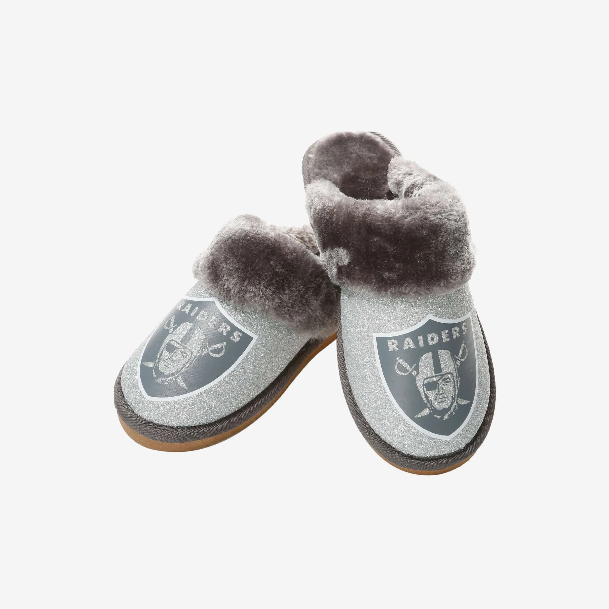 Las Vegas Raiders Womens Glitter Open Back Fur Moccasin Slipper