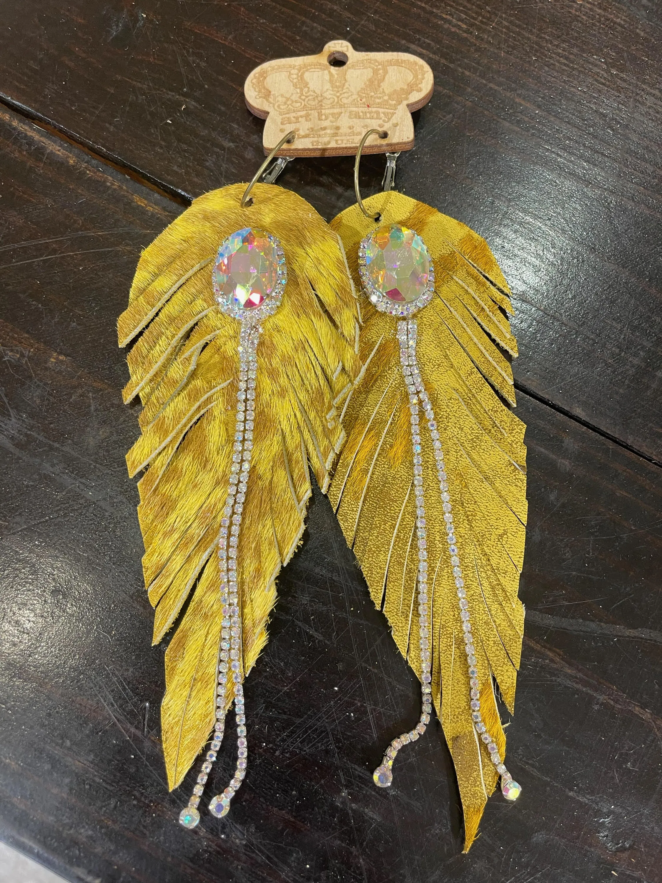 Leather Fringe Rhinestone Feather Earrings