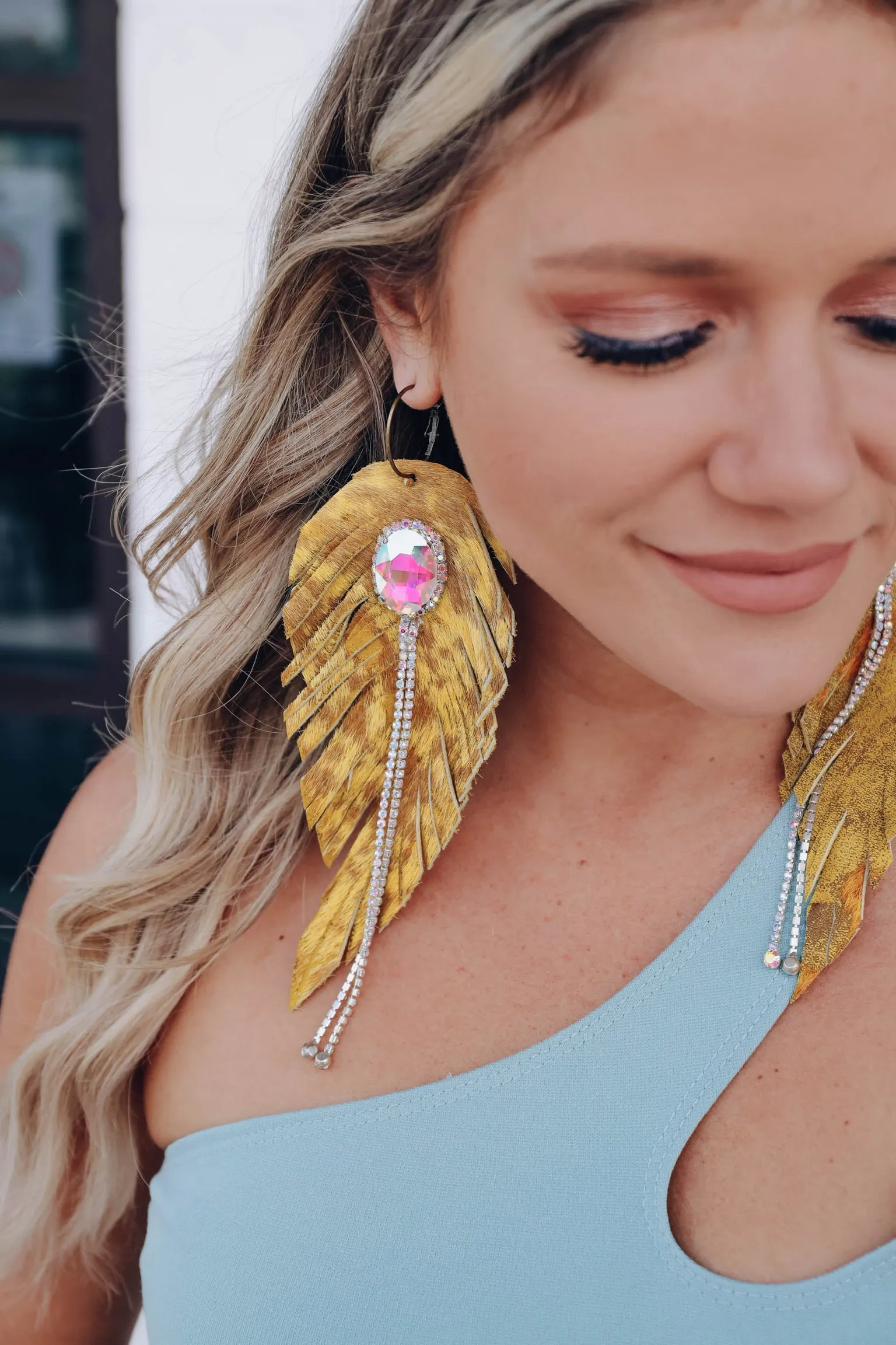 Leather Fringe Rhinestone Feather Earrings