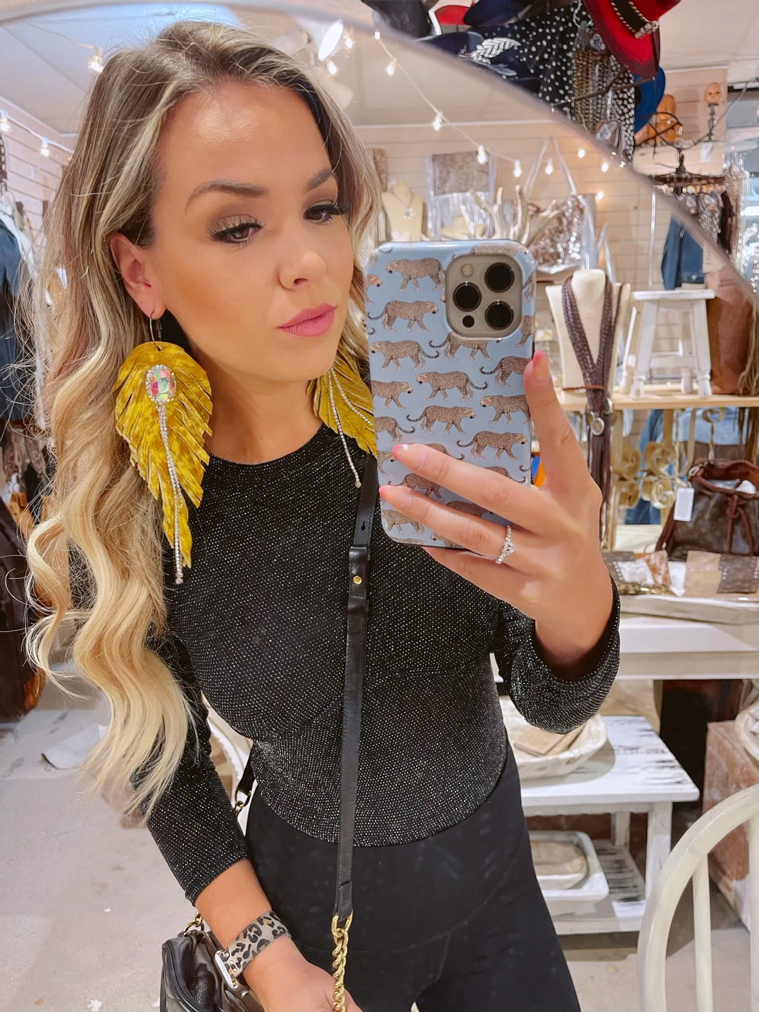 Leather Fringe Rhinestone Feather Earrings