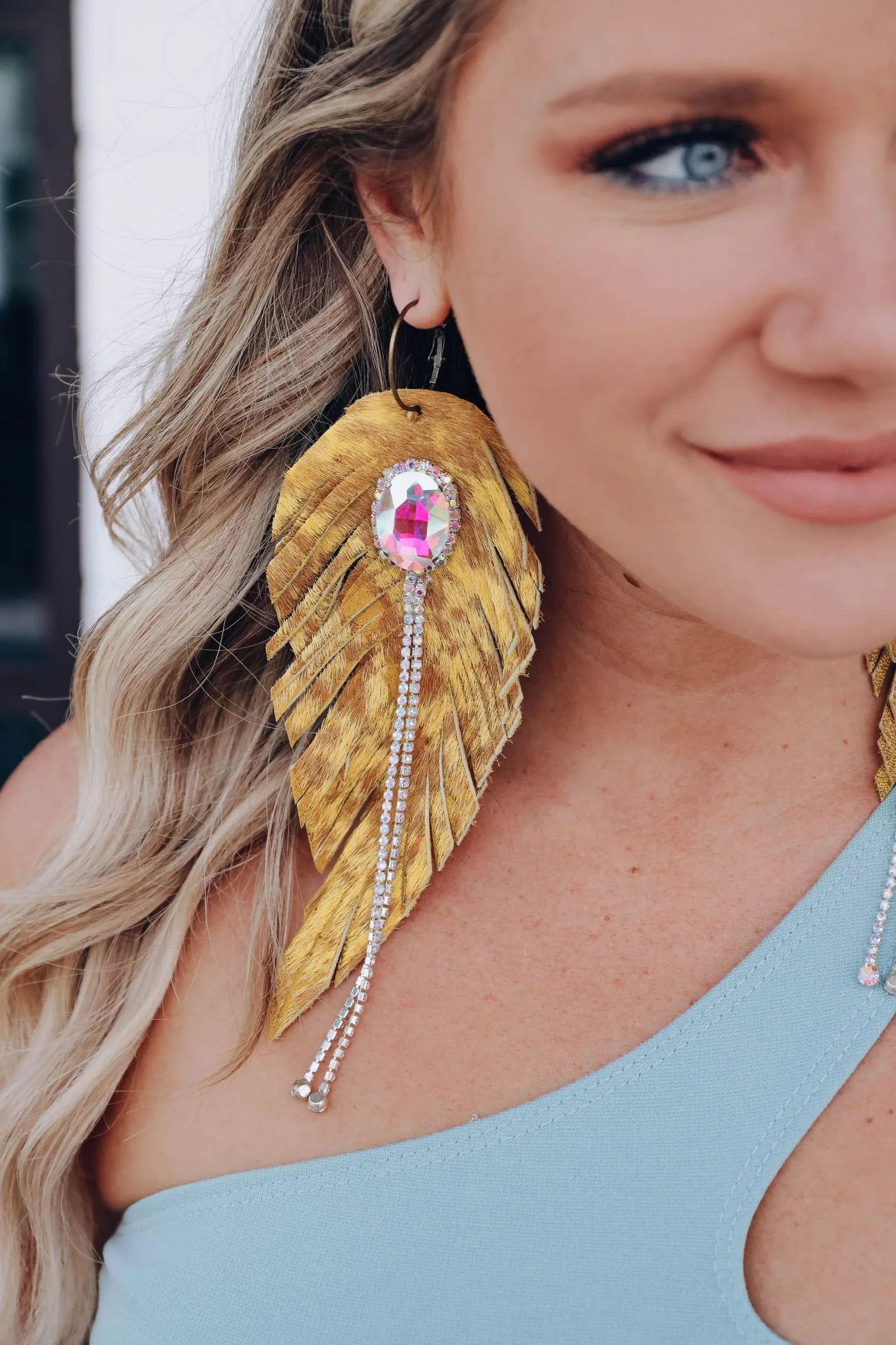 Leather Fringe Rhinestone Feather Earrings