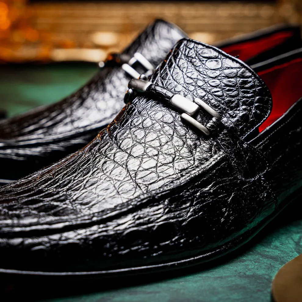 Marco Di Milano Fabro Black Caiman Crocodile Bit Loafers