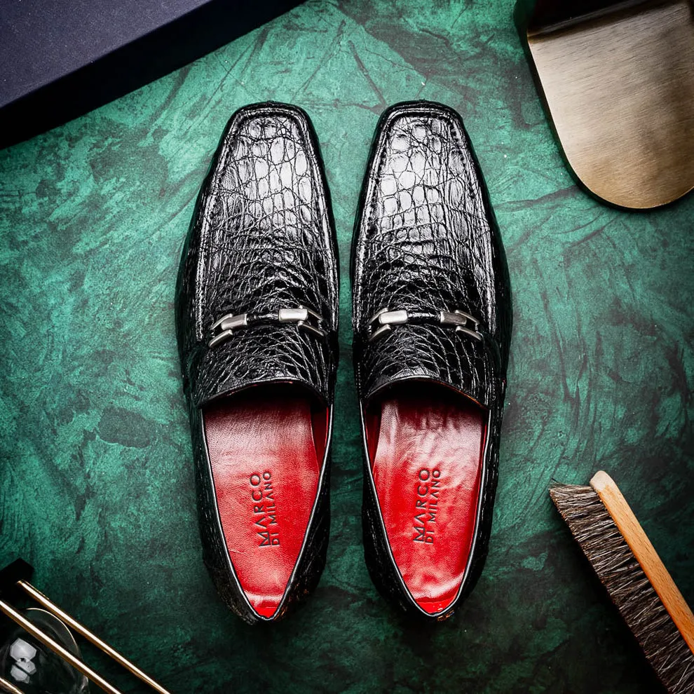 Marco Di Milano Fabro Black Caiman Crocodile Bit Loafers