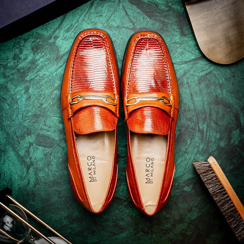 Marco Di Milano Hugo in Cognac Lizard & Calfskin Bit Loafers