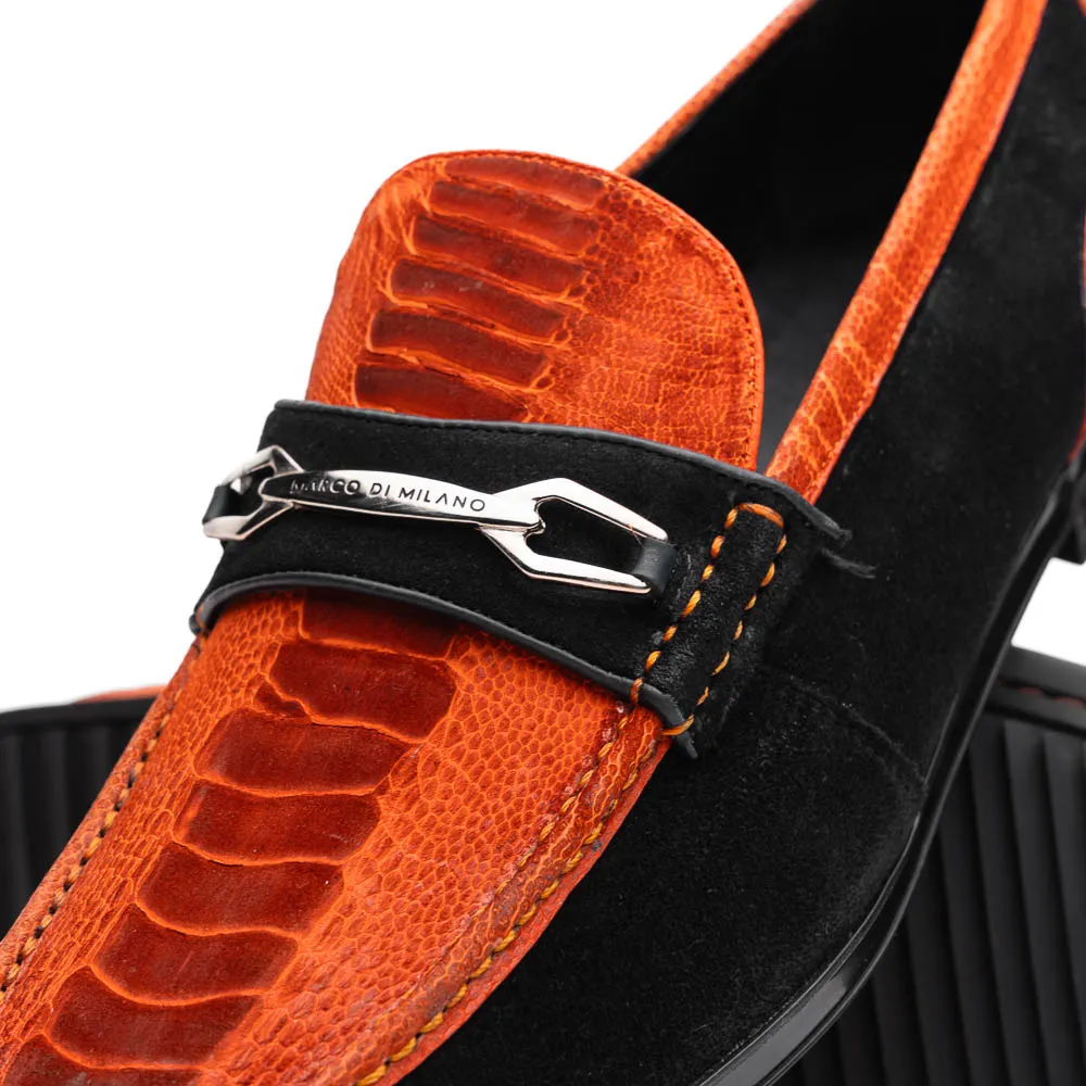 Marco Di Milano Hugo in Orange / Black Sueded Ostrich Bit Loafers