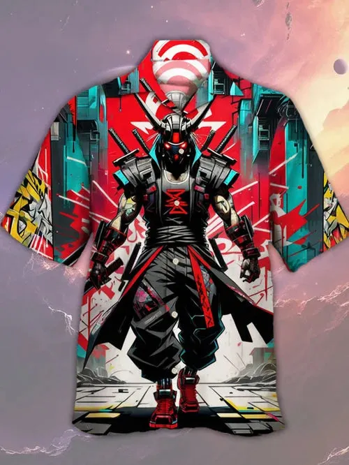 Men's Trendy Robot Print Linen Cuban Collar Shirt