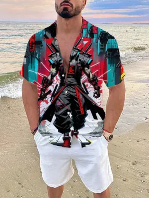 Men's Trendy Robot Print Linen Cuban Collar Shirt
