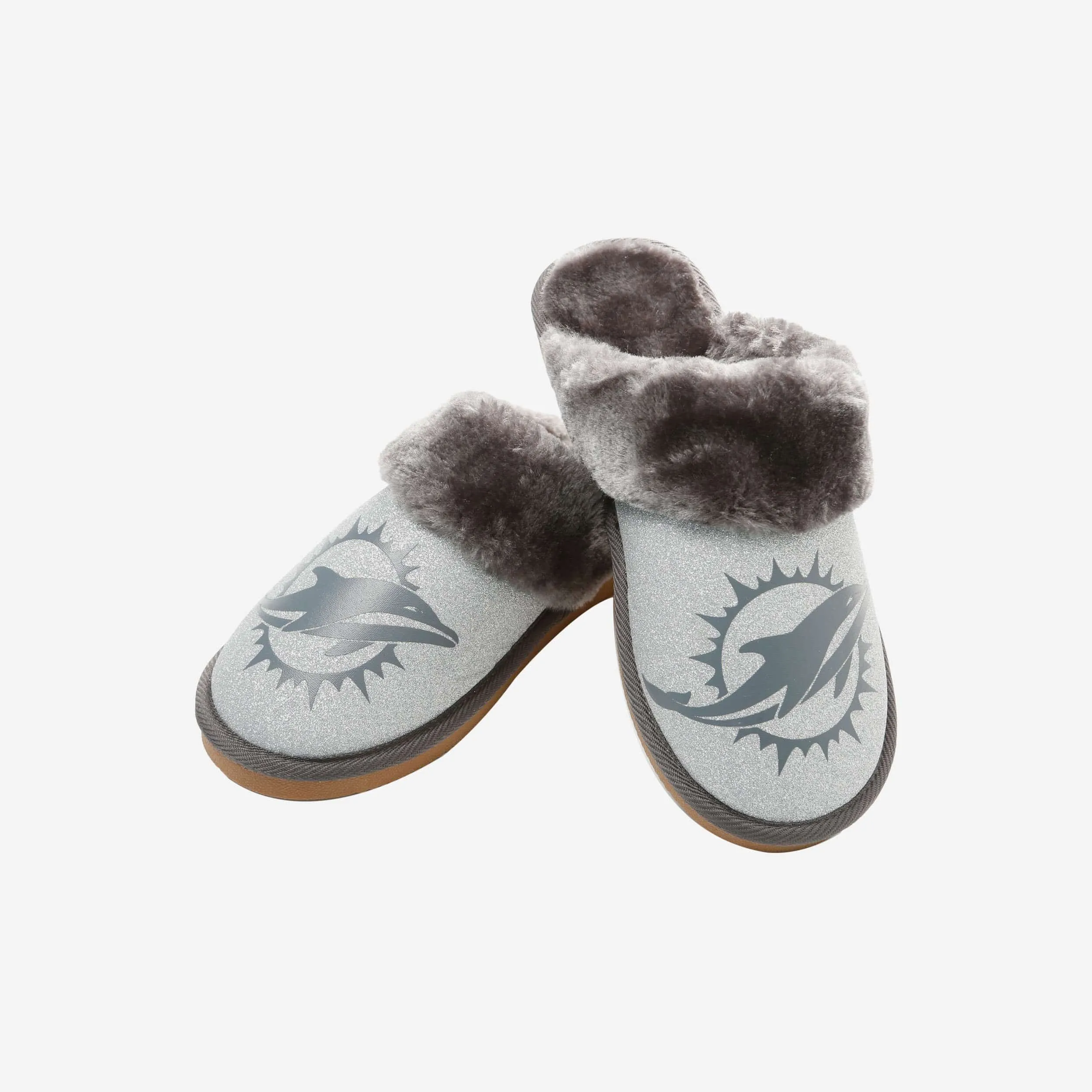 Miami Dolphins Womens Glitter Open Back Fur Moccasin Slipper