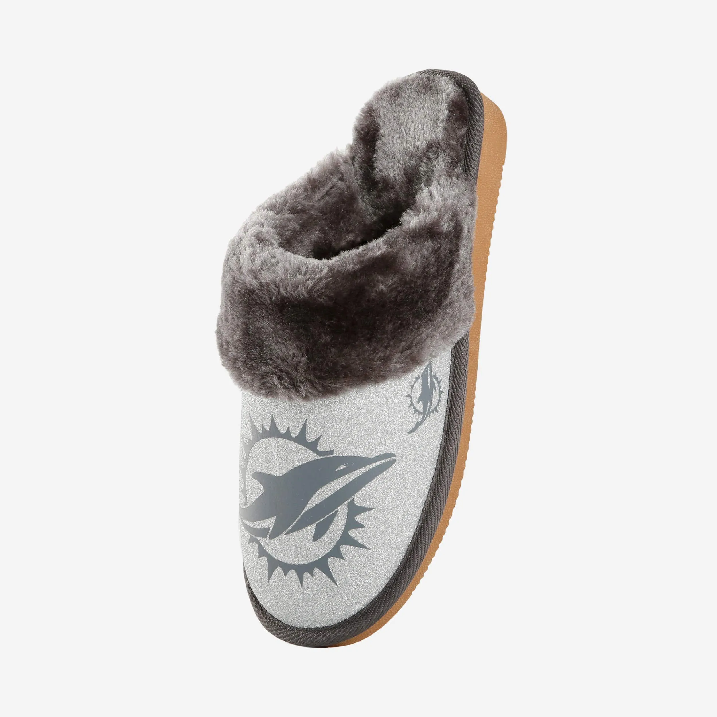 Miami Dolphins Womens Glitter Open Back Fur Moccasin Slipper