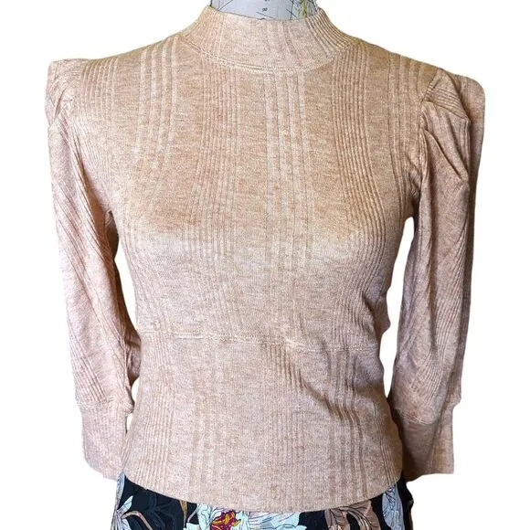 NWT Band of the Free Size X-Small Camel Tan Ribbed Mockneck Sweater Puff Sleeve