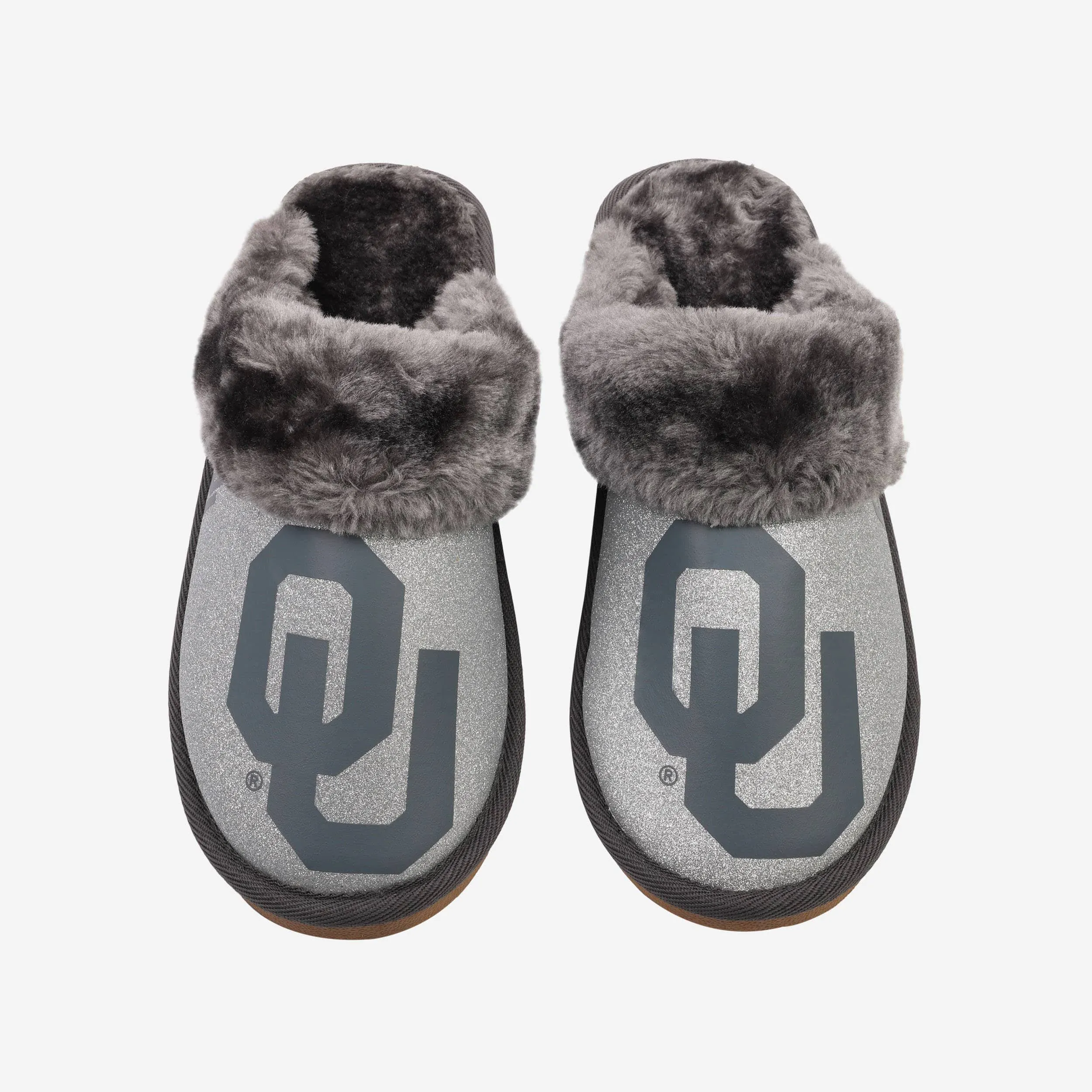 Oklahoma Sooners Womens Glitter Open Back Fur Moccasin Slipper