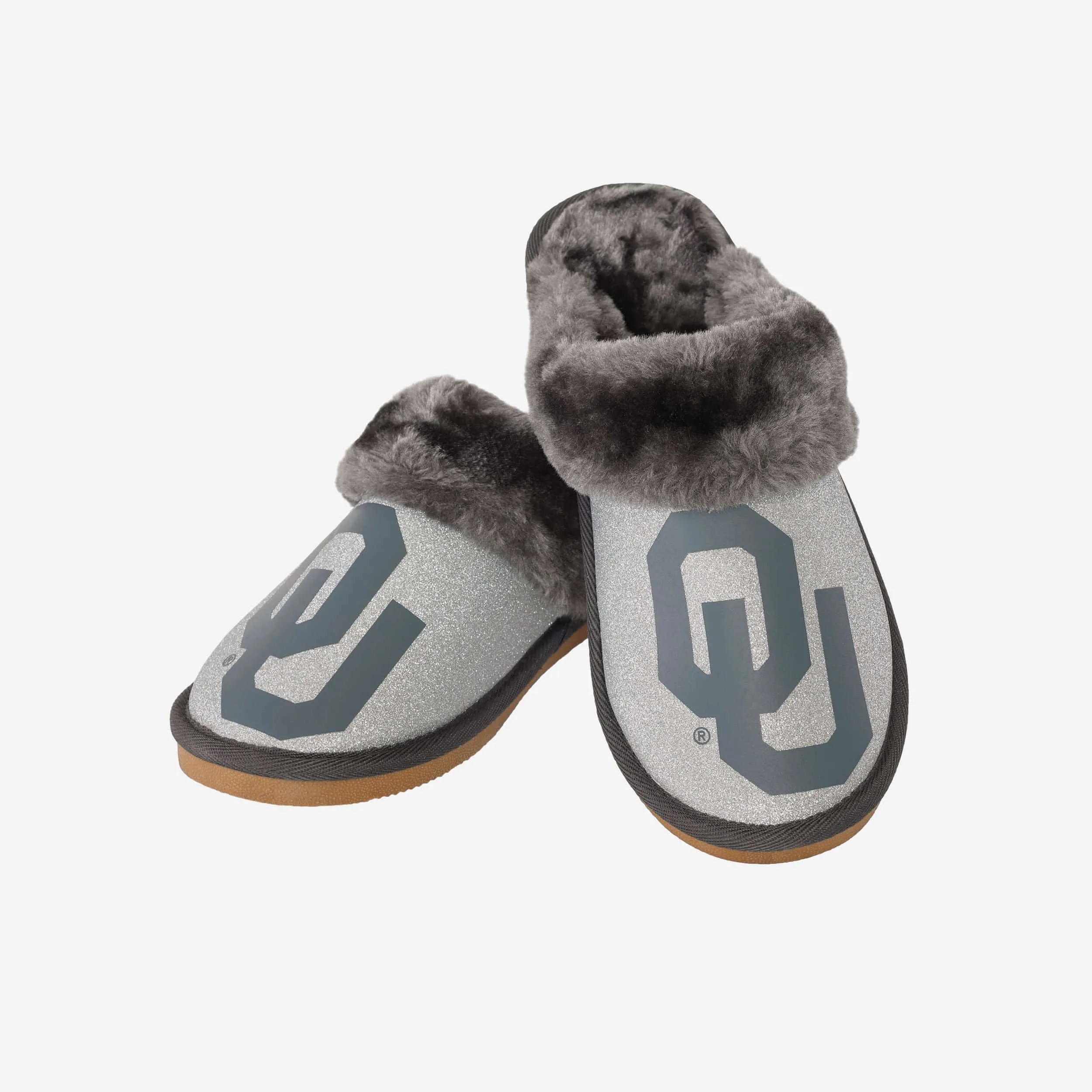 Oklahoma Sooners Womens Glitter Open Back Fur Moccasin Slipper