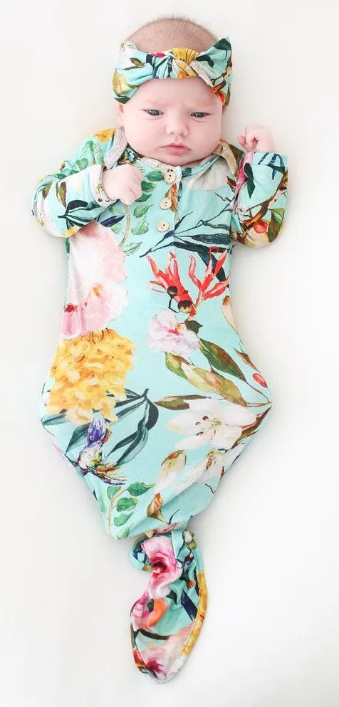 Posh Peanut Tuscan Teal (Aqua/Pink) Floral Button Down Knotted Gown