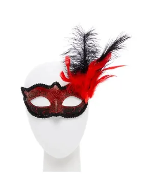 Red and Black Masquerade Mask with feathers